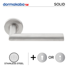 SH-823-SS, Lever Handles, Solid, On Round Rose, With Escutcheons, 151mm (l), Stainless Steel, DORMAKABA