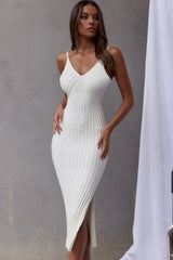 Sweepstakes Ribbed Knit Side Split Midi Dress White by Selfie Leslie