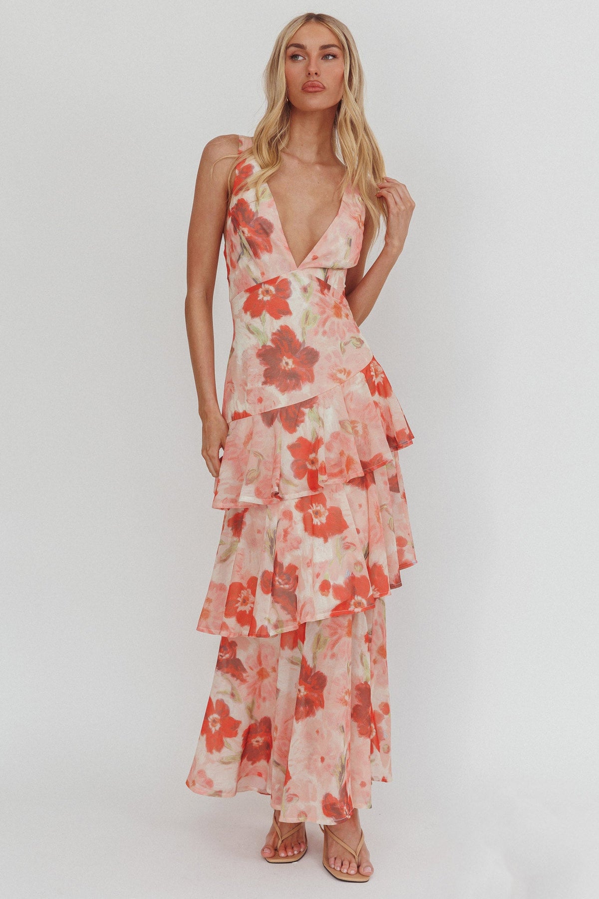 Veda Strappy Back Ruffle Maxi Dress Poppies Red by Selfie Leslie