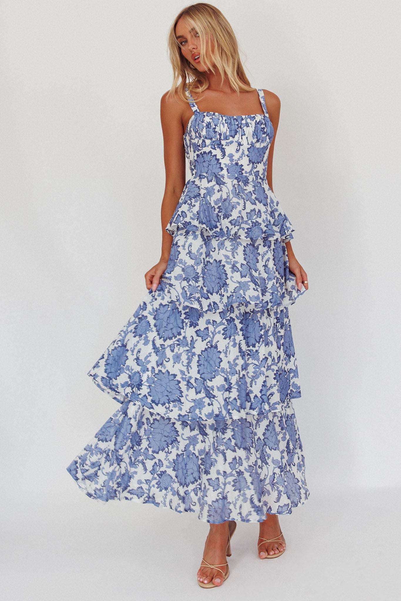 Provence Bloom Tiered Maxi Dress Floral Blue by Selfie Leslie