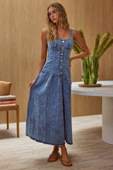 Pansy Scoop Neck Flounce Hem Maxi Dress Denim by Selfie Leslie