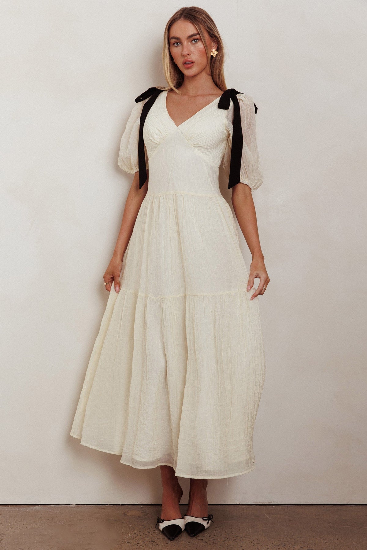 Sinta Bow Shoulder Puff Sleeve Maxi Dress Cream by Selfie Leslie