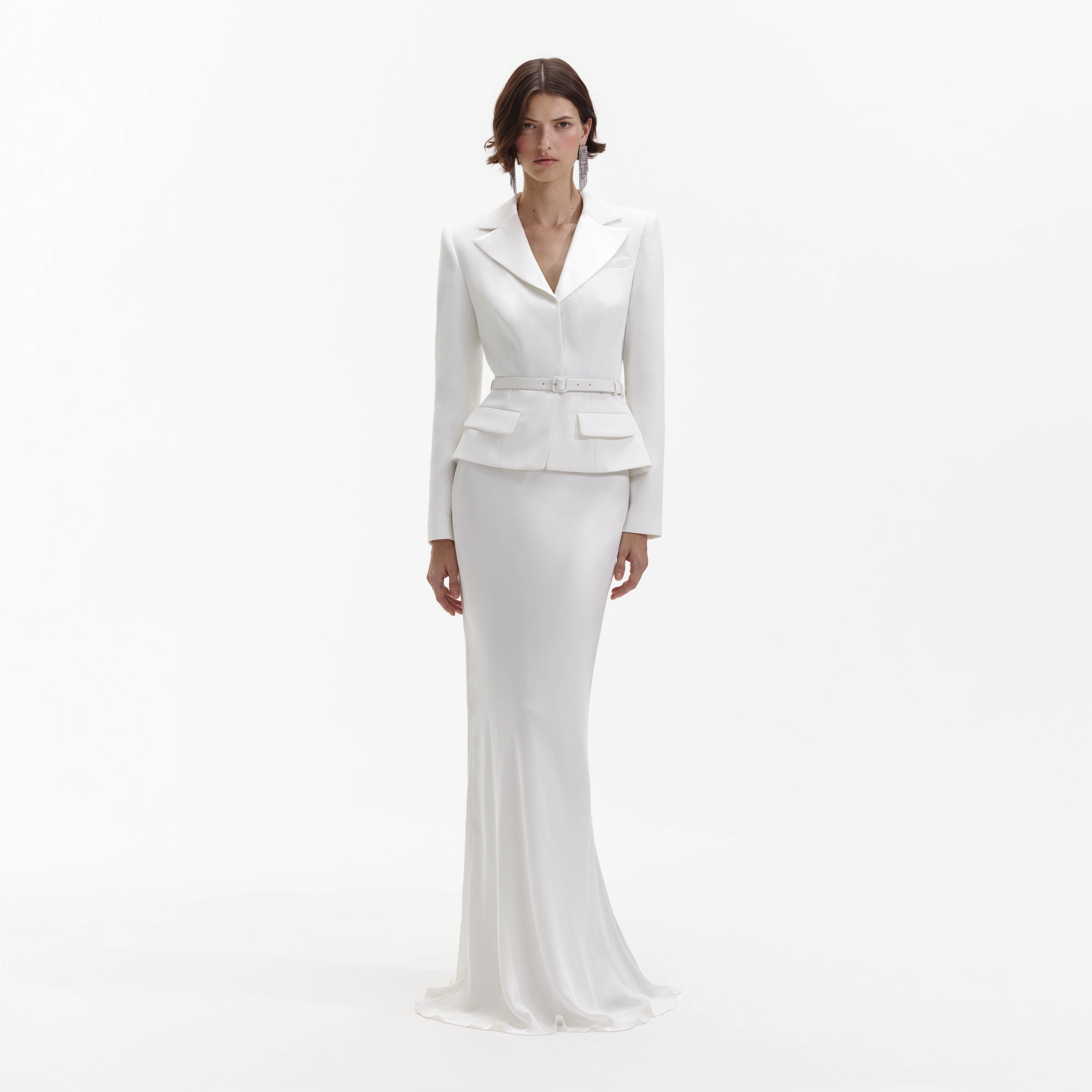 Front view of a woman wearing the White Crepe Tailored Maxi Dress