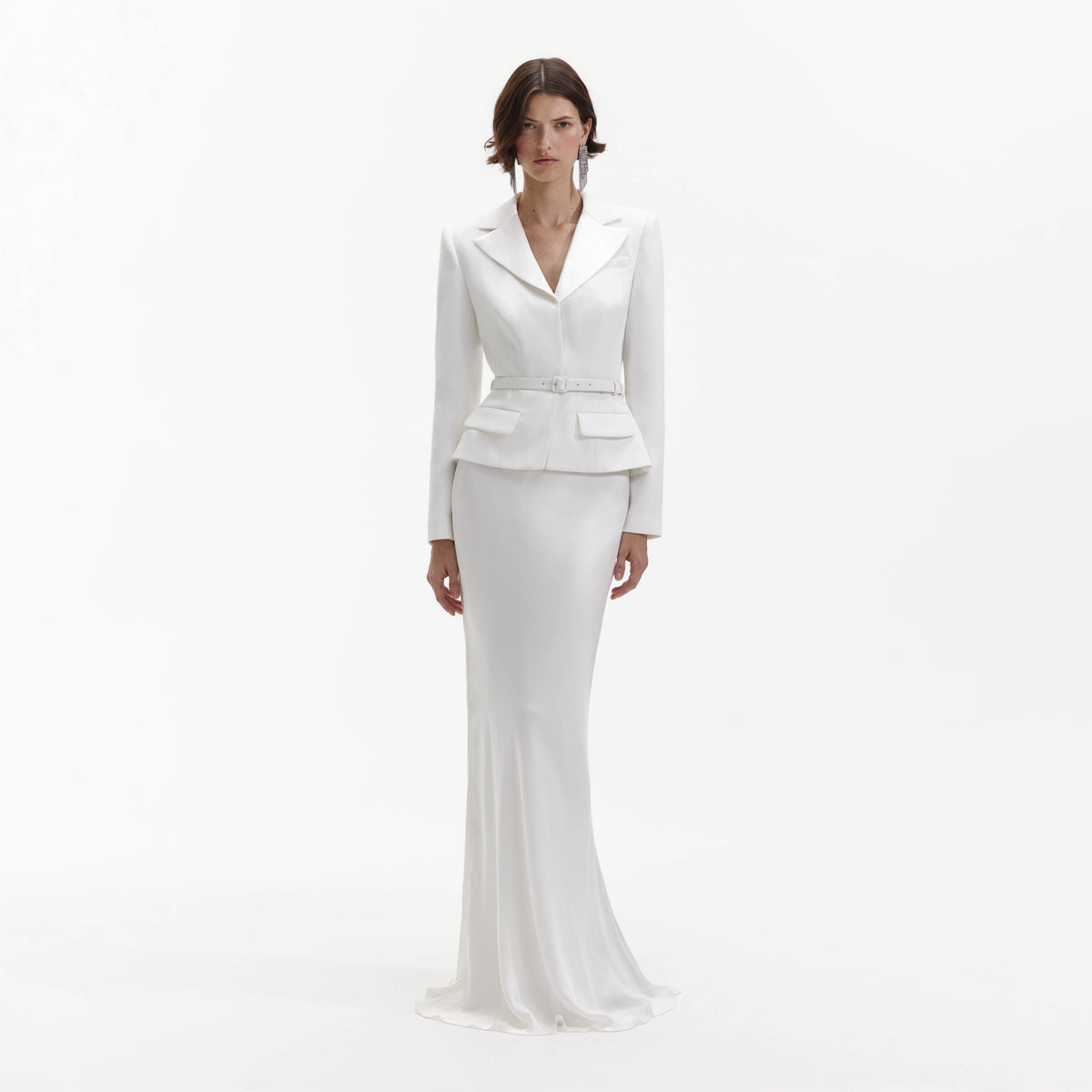 Front view of a woman wearing the White Crepe Tailored Maxi Dress