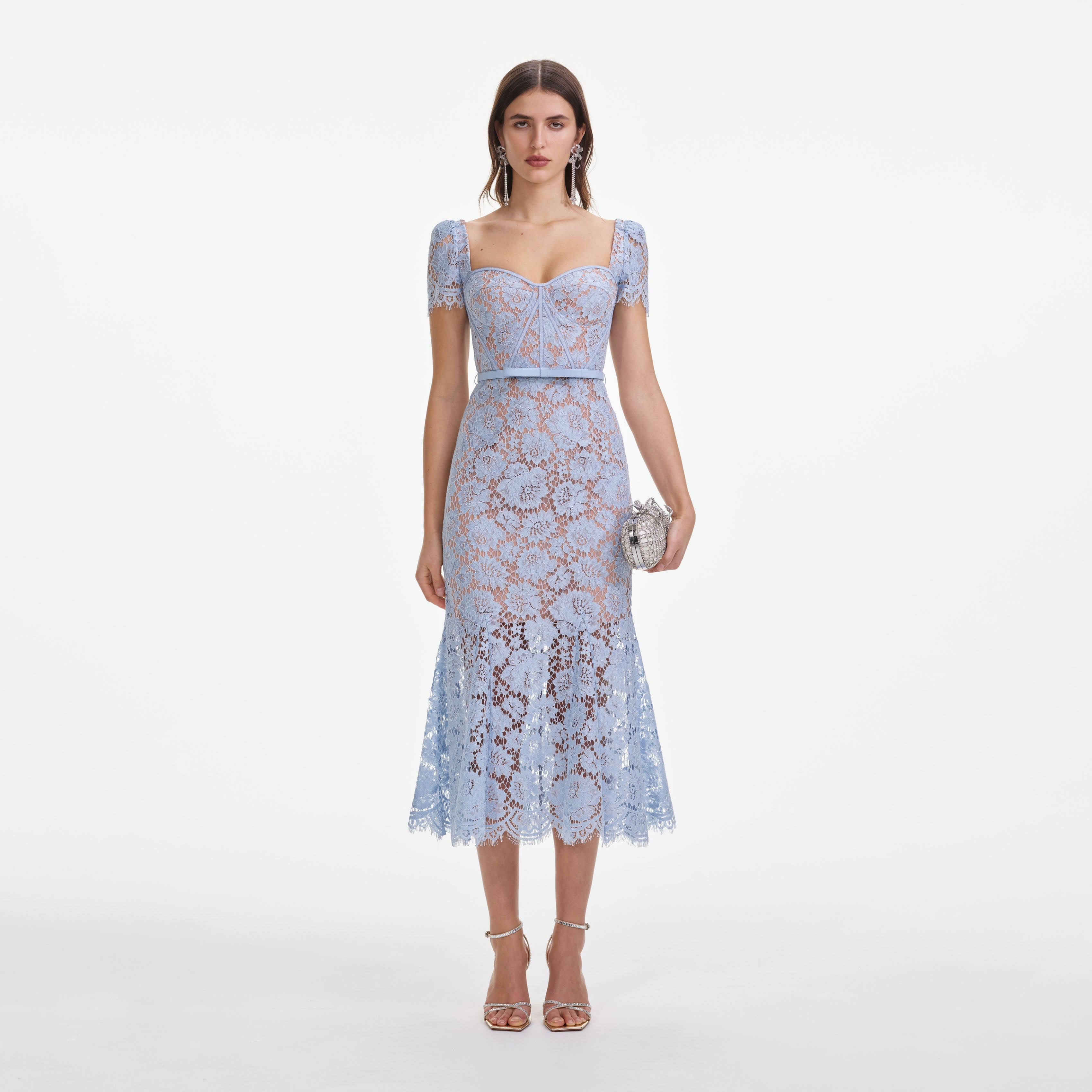 Front view of a woman wearing the Blue Fine Lace Midi Dress