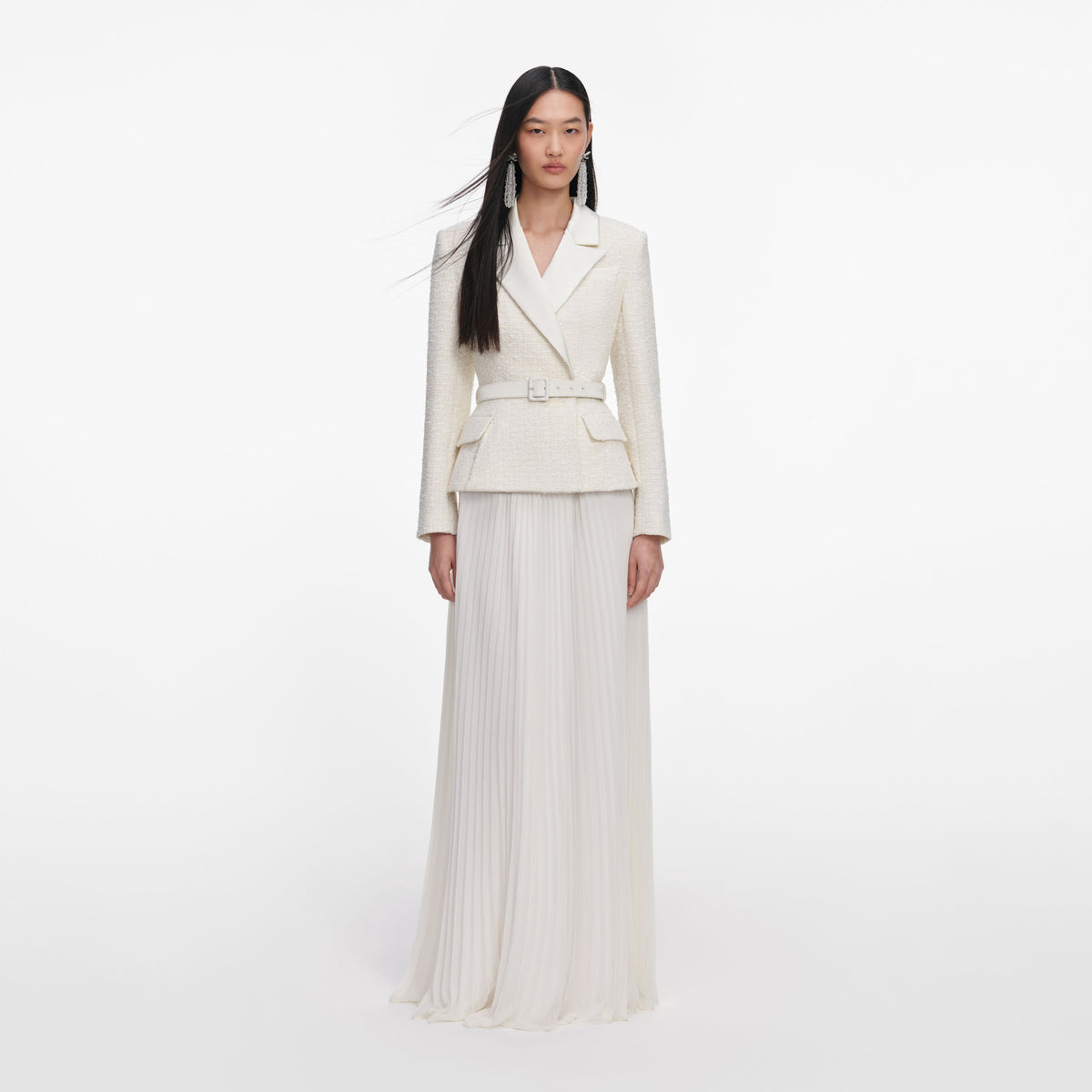 Front view of a woman wearing the Cream Tailored Boucle Chiffon Maxi Dress