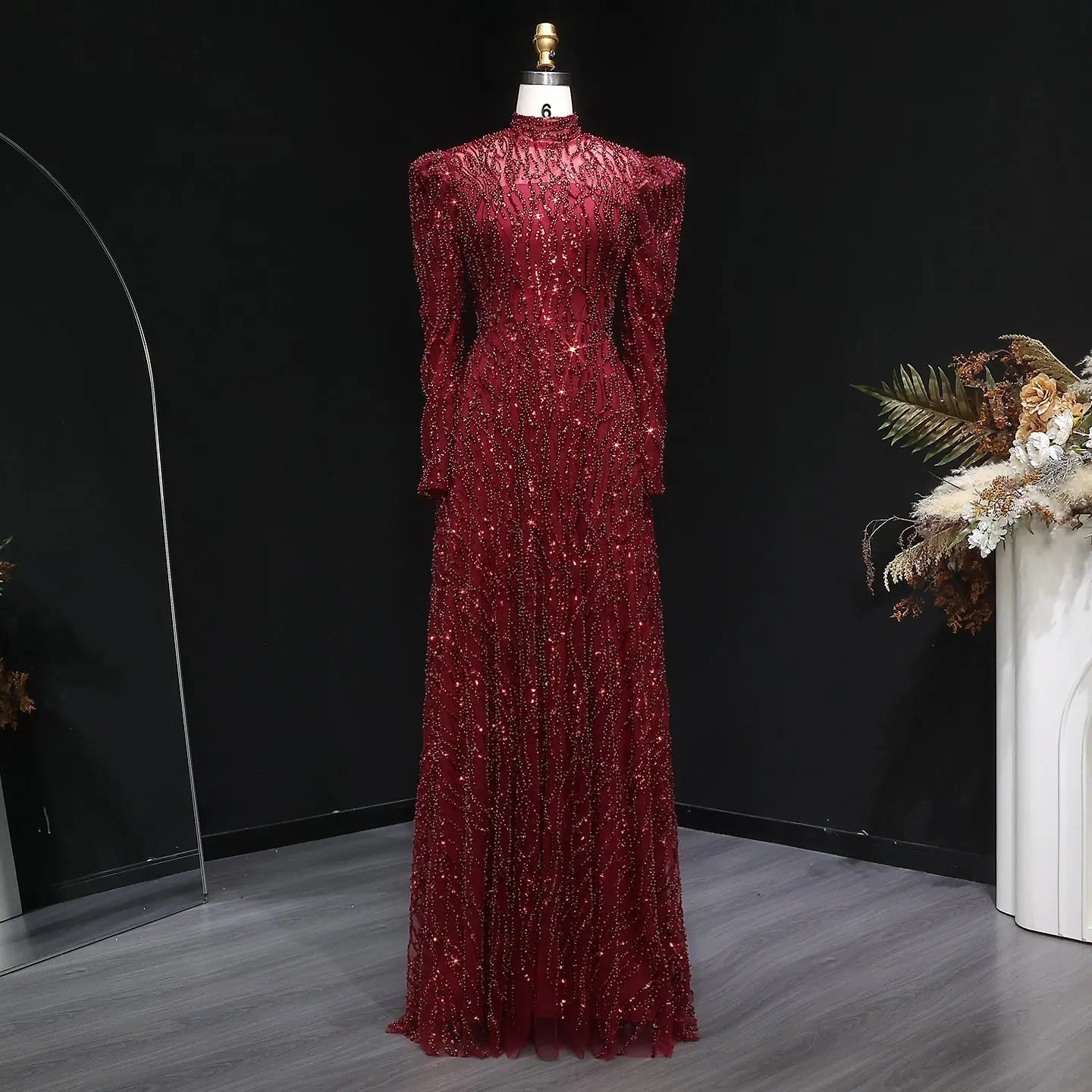 Luxury Wine Red Beaded Sequin Long Sleeve Evening Dress SS618
