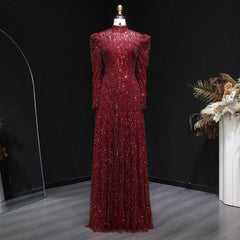 Luxury Wine Red Beaded Sequin Long Sleeve Evening Dress SS618