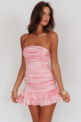 Annabella Strapless Tied Back Frill Hem Mini Dress Baby Pink by Selfie Leslie Australia
