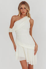 Anaisa One-Shoulder Draped Mini Dress Cream by Selfie Leslie