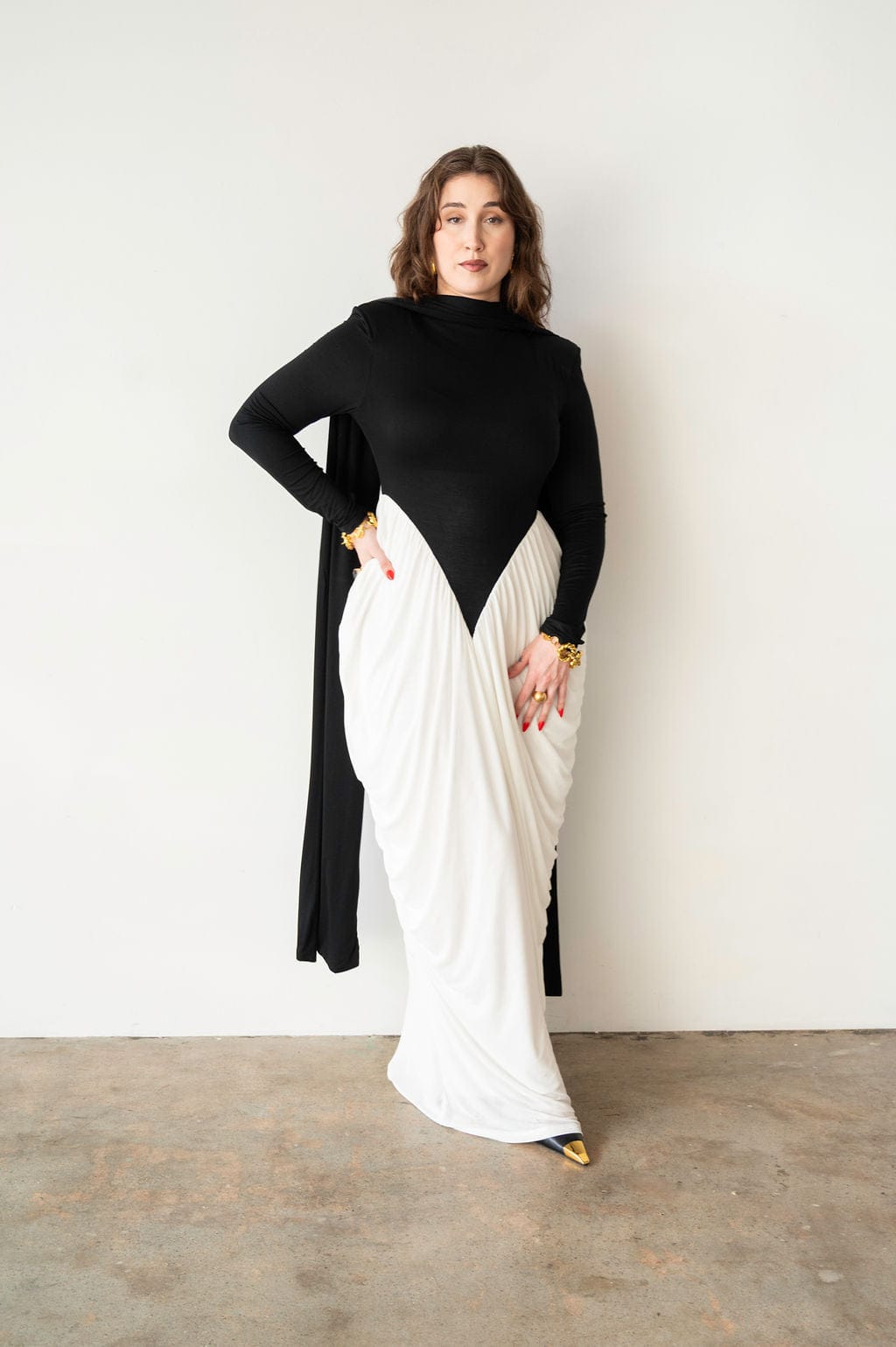 Luvie Long Sleeve Maxi Dress with Scarf in Black and White