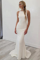 Satin Mermaid Scoop Neck Open Back Wedding Dresses, Bridal Gowns, MW897 | simple wedding dresses | satin wedding dresses | mermaid wedding dress | musebridals.com