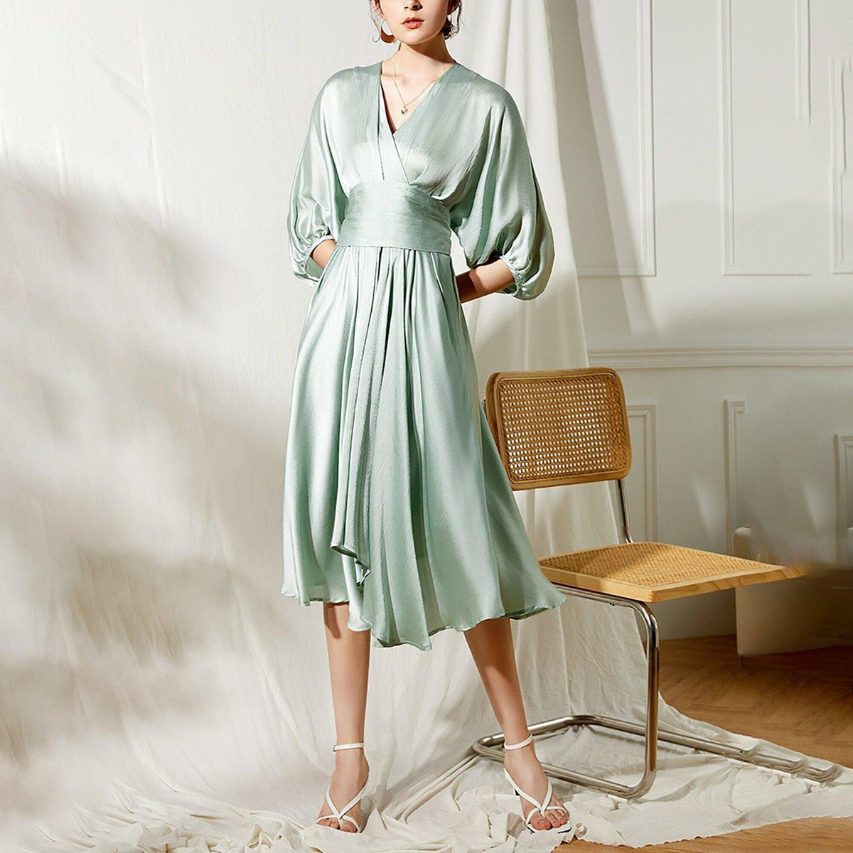 Satin Mint Green Cocktail Midi Dress Vivian Seven