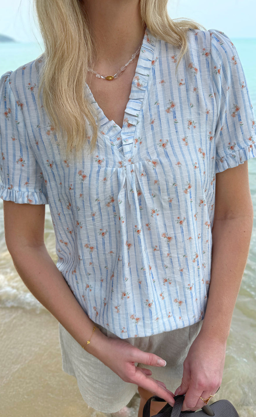 Say INA Copenhagen T-Shirt - Katiah - Blue Striped W. Small Flowers