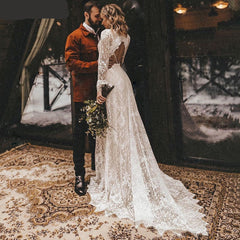 boho wedding dress, Long Sleeve Lace V Neck Boho Wedding Dress