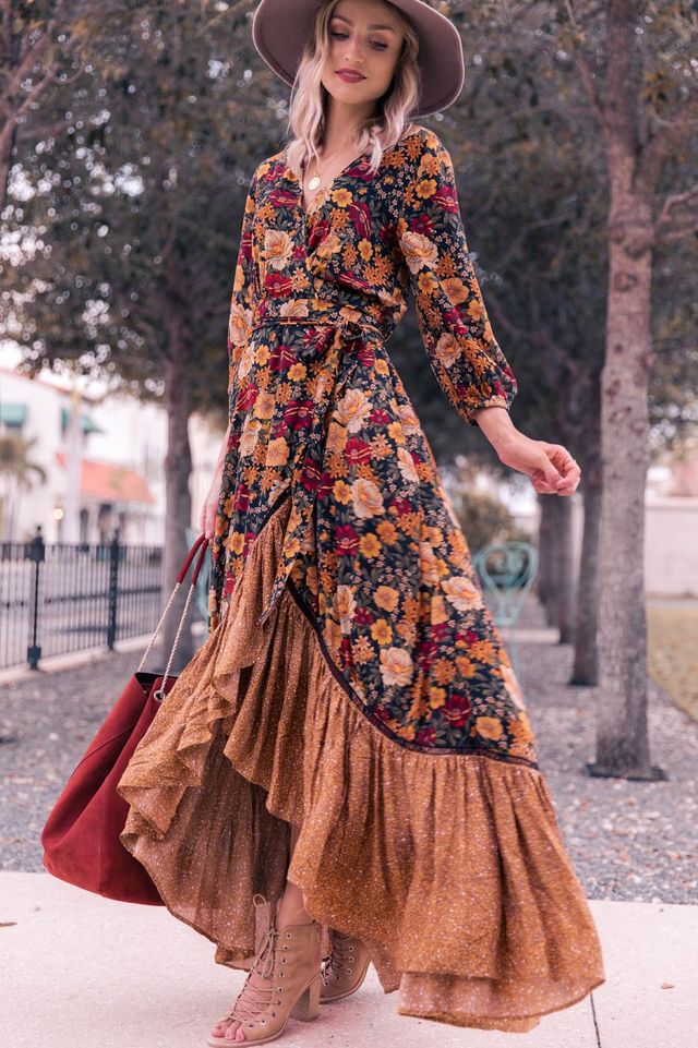 boho floral dress, long boho floral maxi dress, long sleeve maxi dress