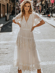 white lace dress, white boho dress, white lace boho dress, Cross Semi-Sheer Lace Maxi Dress