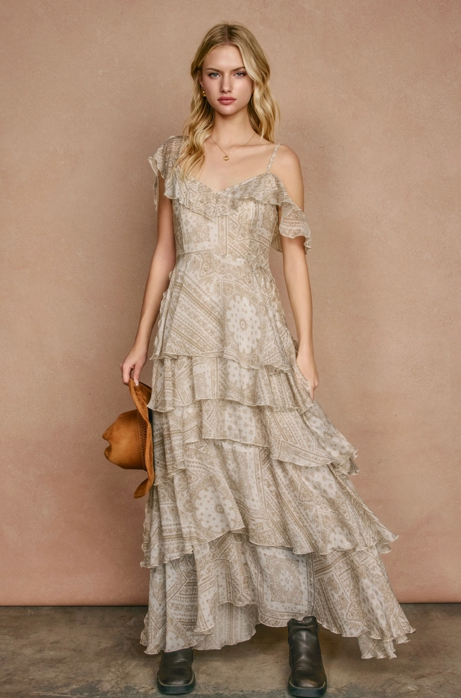 SERENE Faded Walnut Asymmetrical Flowy Tiered Maxi Dress in Bandana Print
