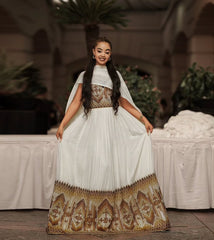 Sophisticated Cream & Bronze Traditional Ethiopian Dress with Geometric Motifs Bezawit