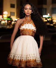 Daring Short White & Copper Gold Ethiopian Dress with High Neck Bezawit
