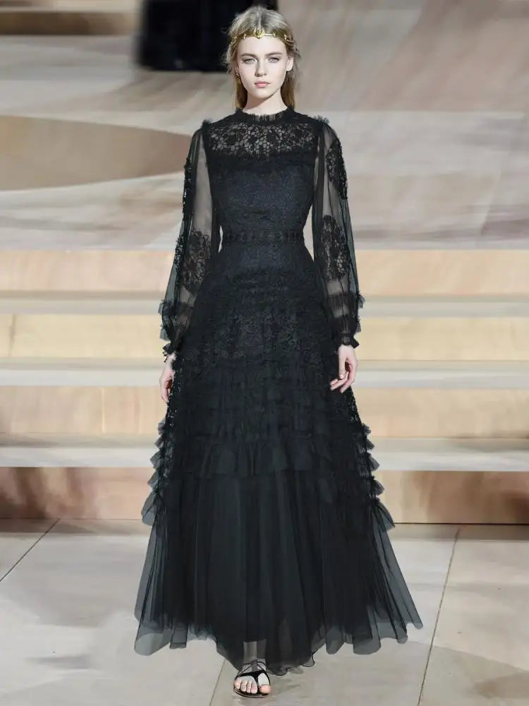 Women’s 2026 Spring Runway Lantern Sleeve Mesh Maxi Dress with Lace Flower Stitching and Ruffled Hem