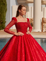 buy Red Sparkling Sequin Embellished Long Sleeve Prom Party Ball Gown online ball gowns shop plus sizes