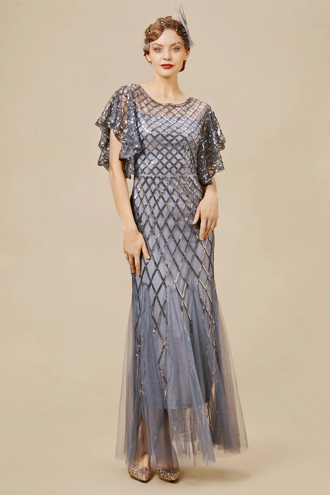 Sequined Striped Mesh Mermaid Dress