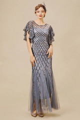 Sequined Striped Mesh Mermaid Dress