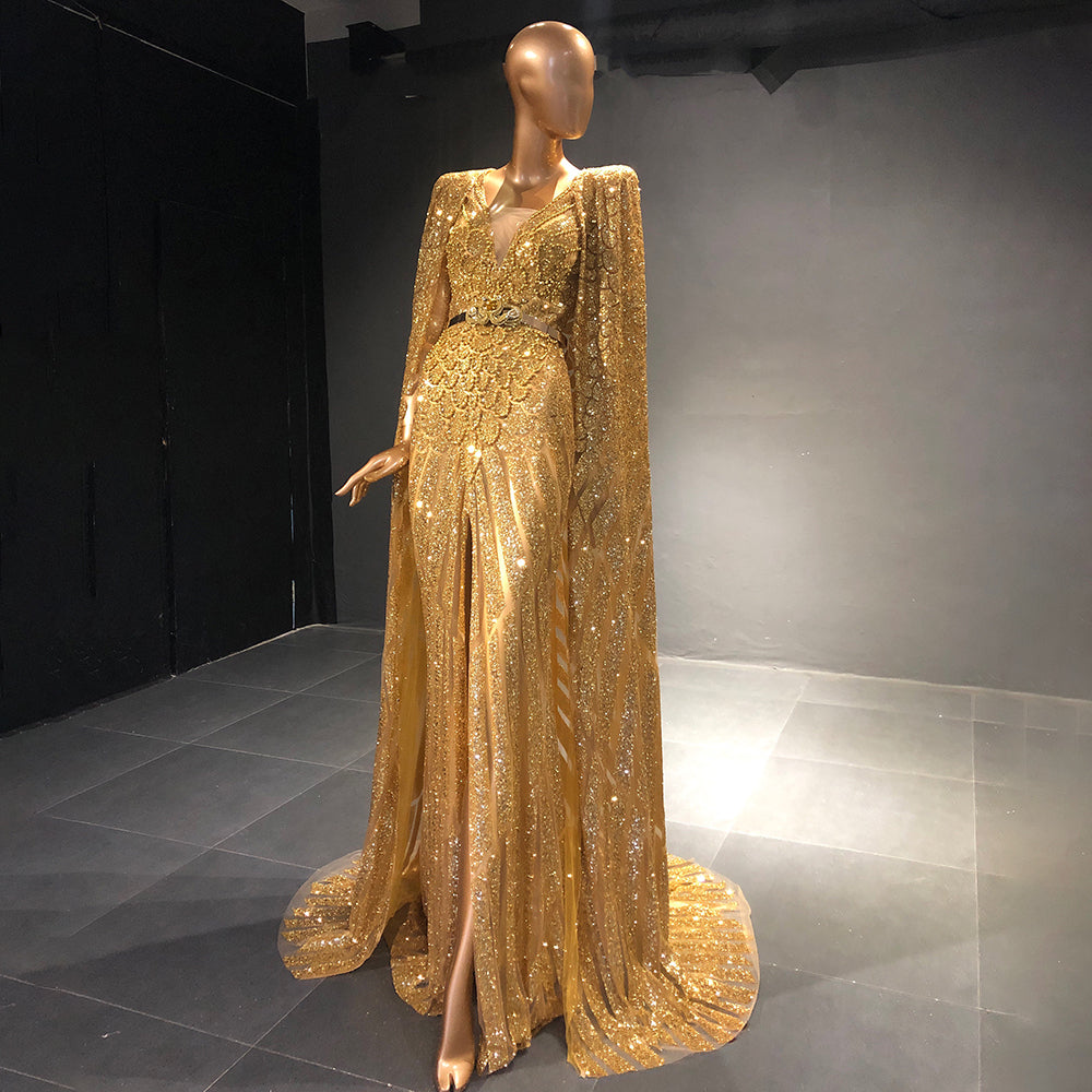Serene Hill Gold A-Line Cape Sleeve Evening Dresses Gowns 2025 Beaded Elegant Luxury For Women Party LA71670 - SERENE HILL