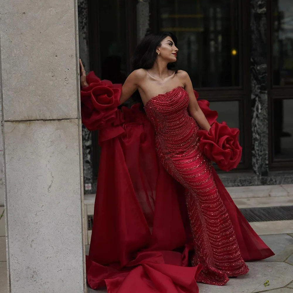 Serene Hill Luxury Designer Red Mermaid Evening Dress With Puff Sleeves LA72585 - SERENE HILL