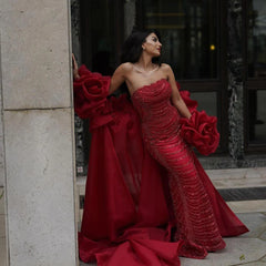Serene Hill Luxury Designer Red Mermaid Evening Dress With Puff Sleeves LA72585 - SERENE HILL