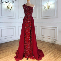 Serene Hill Wine Red Luxury Mermaid Evening Dresse Gowns 2025 Elegant Beaded Detachable Skirt For Women Party LA70829A - SERENE HILL