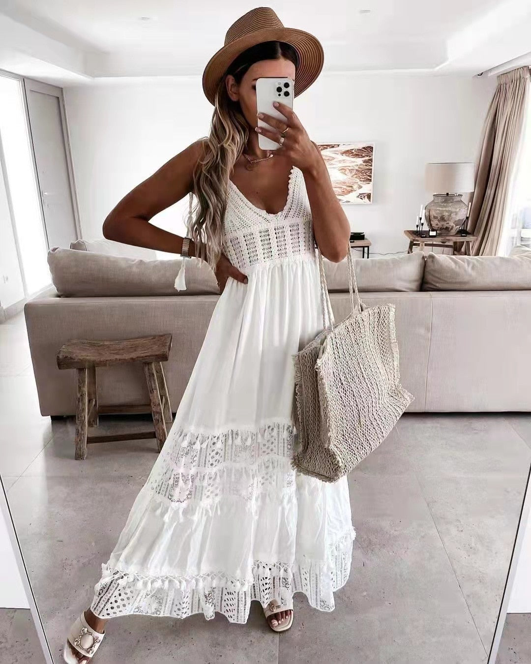 Backless Maxi Dress,White Boho Dresses