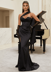 Shadowed Beauty Satin Gown with Neck Scarf - Black - Dressmezee