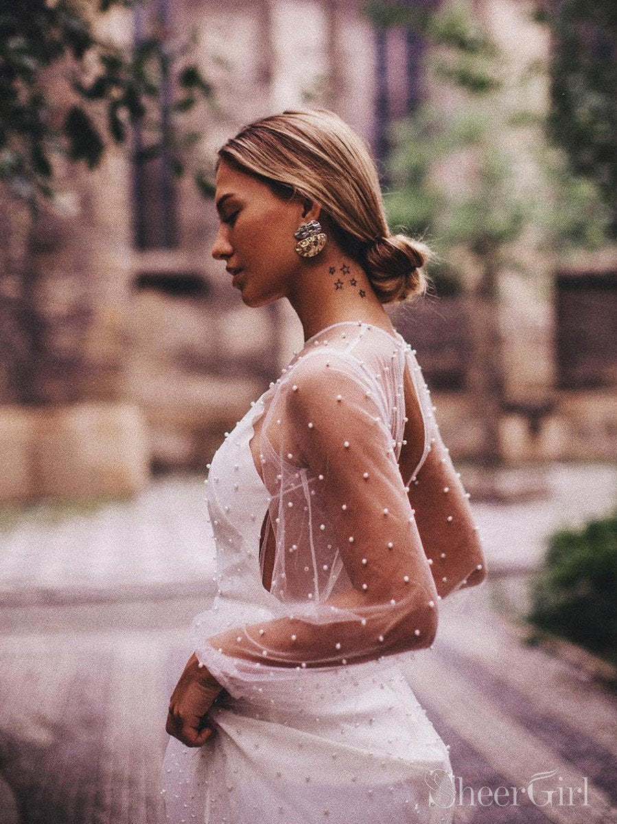 Sheer See Through Long Sleeve Wedding Dresses Pearl Tulle AWD1564-SheerGirl