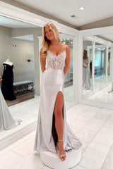 Sheer Empire Lace Satin Mermaid Silver Prom Dress Formal Dress-Pgmdress