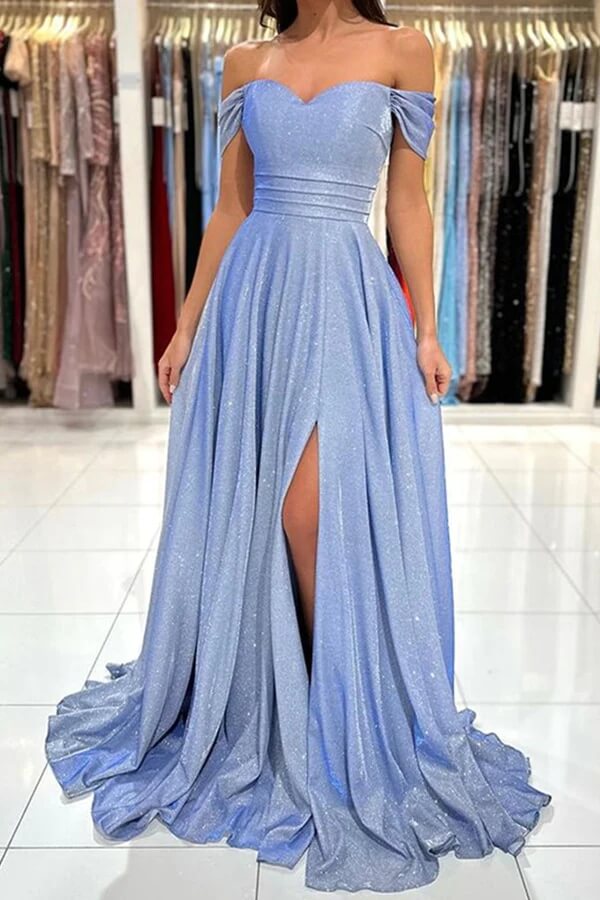 Shiny Blue A-line Off-the-Shoulder Long Prom Dresses, Evening Dresses, MP763 | sparkly prom dresses | blue prom dresses | simple prom dresses | musebridals.com
