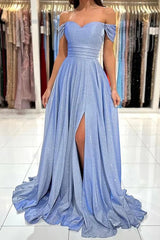 Shiny Blue A-line Off-the-Shoulder Long Prom Dresses, Evening Dresses, MP763 | sparkly prom dresses | blue prom dresses | simple prom dresses | musebridals.com
