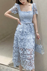 Short Sleeves Blue Guipure Lace Midi Dress