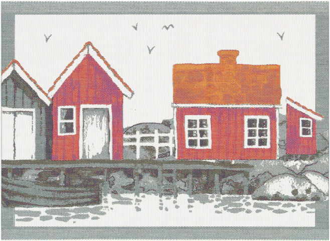 Ekelund bordstablett Signe med motiv av röda sjöbodar, 35x48 cm, ekologisk bomull