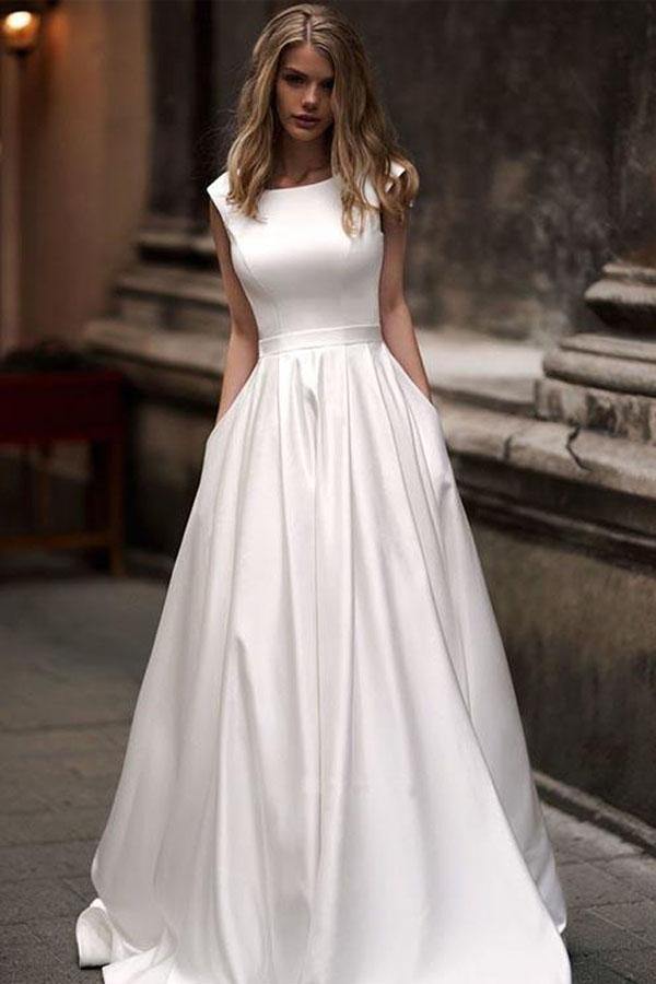 Simple Ivory Satin Vintage A-line Princess Wedding Dresses With Pockets, MW698 | ivory wedding dresses | satin wedding dresses | a line wedding dresses | www.musebridals.com