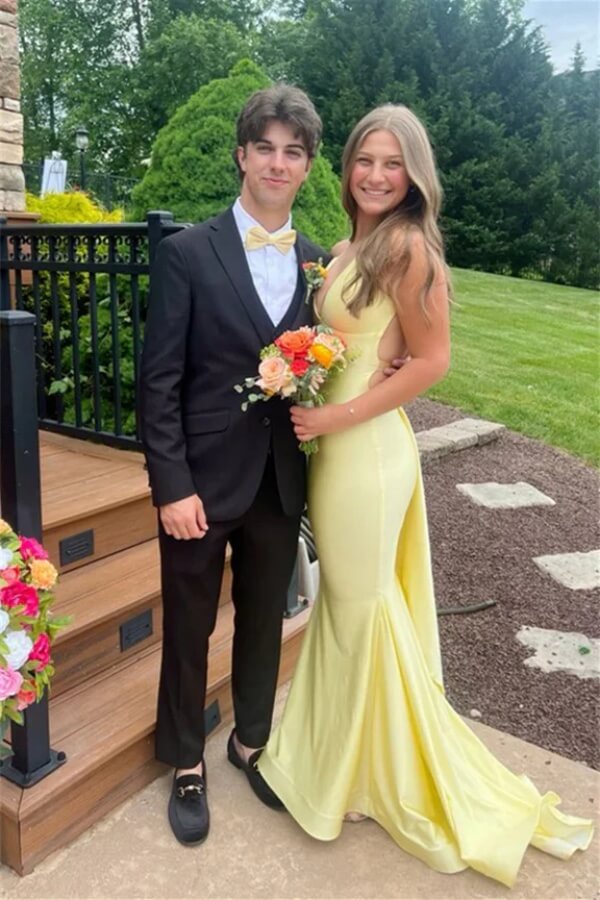 Simple Yellow Satin Mermaid Deep V Neck Long Prom Dress, Evening Dress, SLP100 | new arrival prom dress | simidress.com