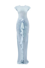 Deme By Gabriella Skye baby blue fitted backless maxi dress displayed on a hanger, showcasing its elegant design and flowing fabric.