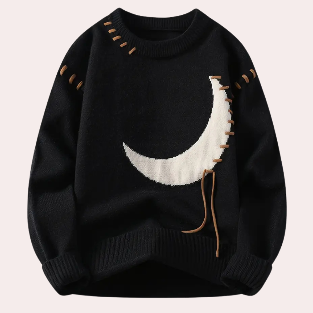 Svart genser med hvit halvmåne-design og brune snøredetaljer. Perfekt for høst- og vintermote. Komfortabel og stilfull genser for menn og kvinner.