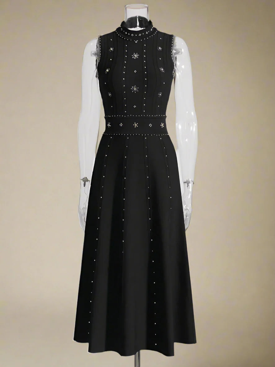 Sleeveless Fit & Flare Knit Midi Dress - Embellished Formal Occasion