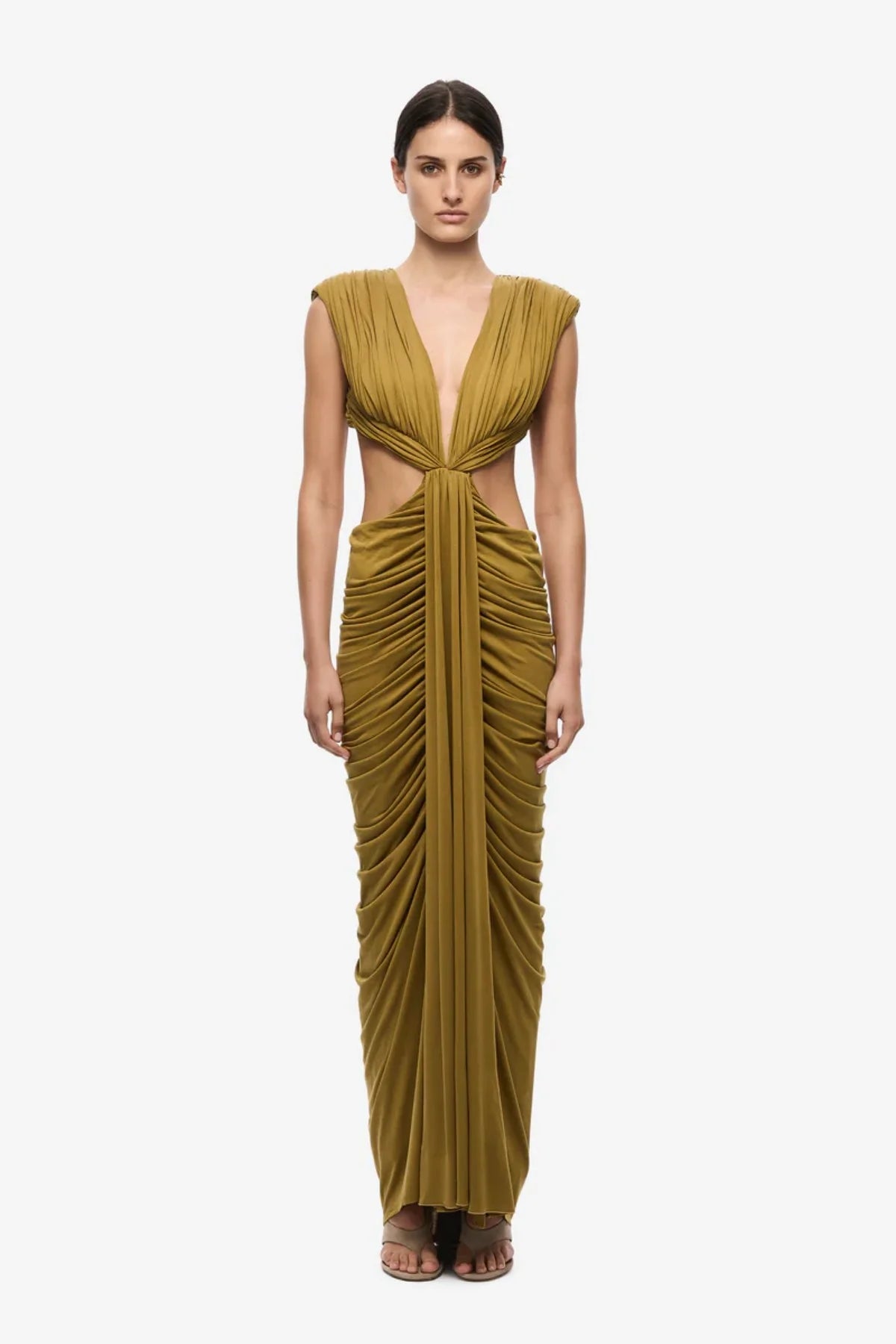 Solacia Cupro Dress Plantation by Misha - ruched maxi dress with deep V neckline and side cut-outs in soft cupro jersey, perfect for elegant evening events.