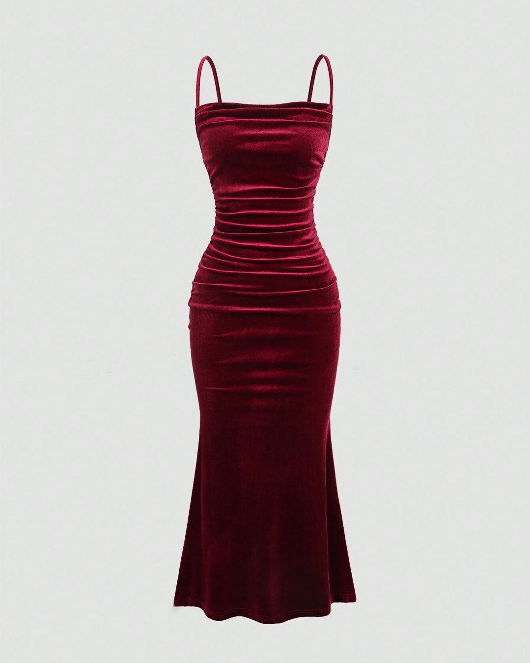 burgundy velvet midi dress with spaghetti straps