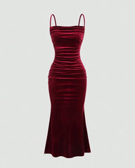 burgundy velvet midi dress with spaghetti straps