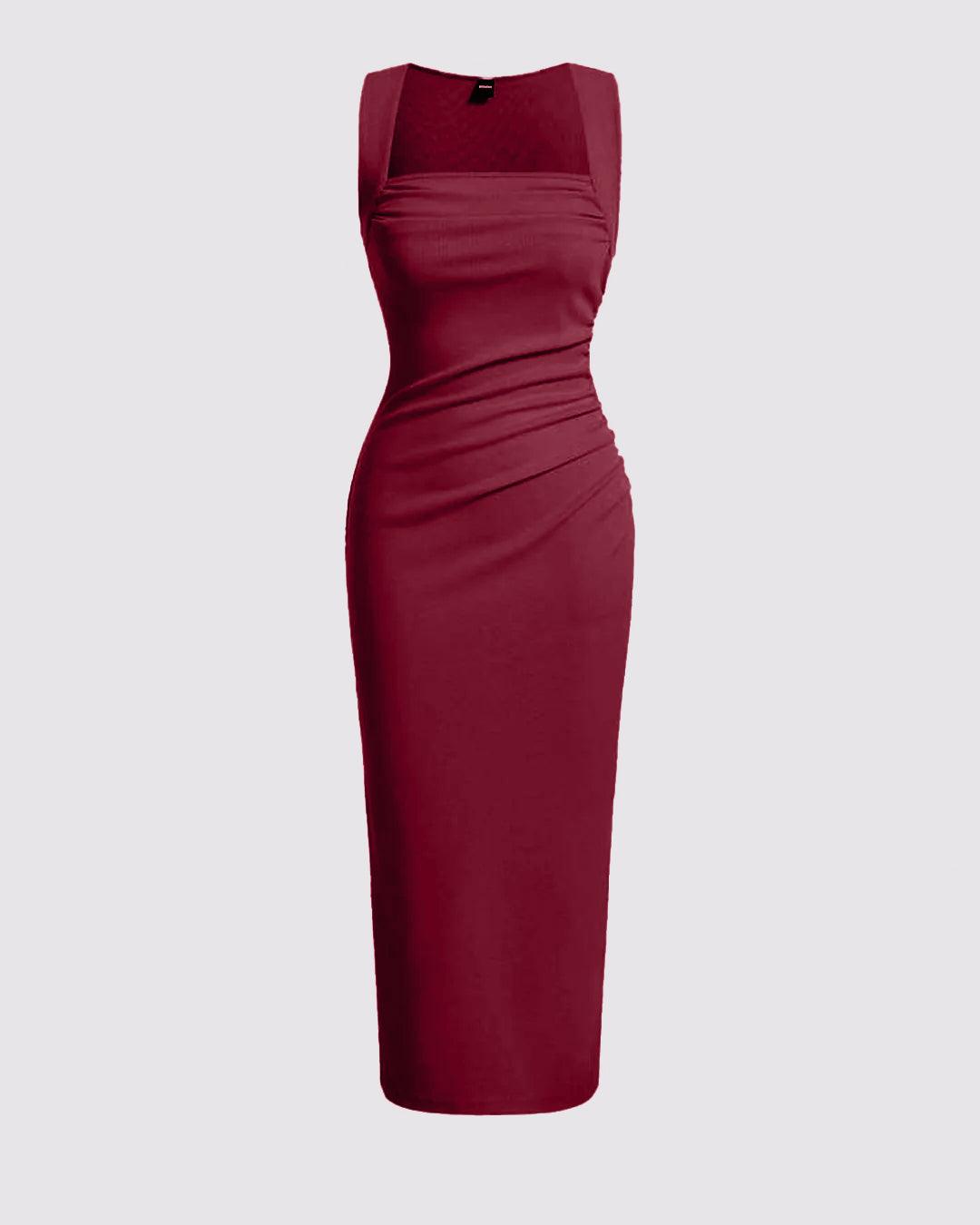 stretchy solid burgundy sleeveless dress in ribbed knit