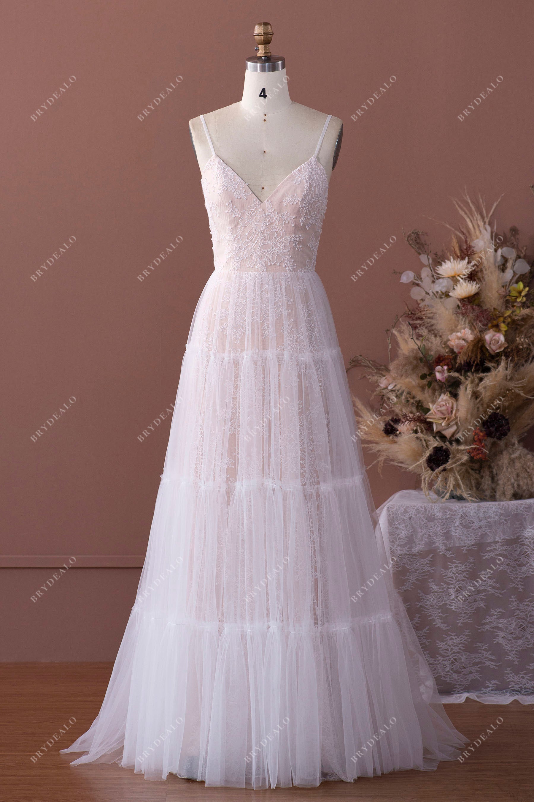 spaghetti straps V-neck nude beach wedding dress